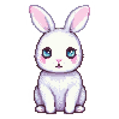round white bunny with big eyes and a pink nose, sitting on green grass, pixel art, soft and gentle expression, simple 2D flat colors, no background except grass sticker