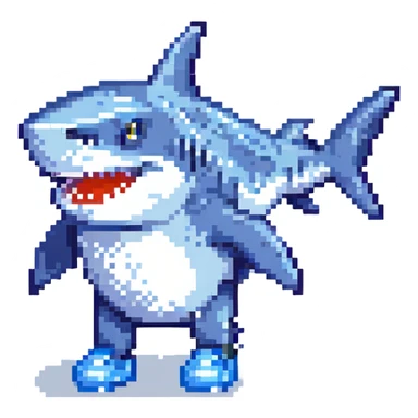 a shark with three legs, last leg near the back fin, wearing blue Nike shoes, closed mouth, pixel art style sticker