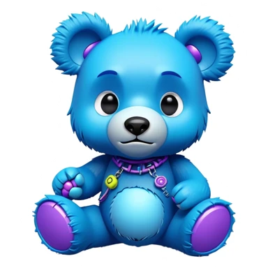 3D, adorable little Pixar style blue neon punk bear with a broken toy, ultra detailed, each lash, eye, and strand of fur is shown in stunning detail as though captured in a timeless photograph, rich textures, visually rich, so lifelike it feels like it could leap off the page at any moment sticker