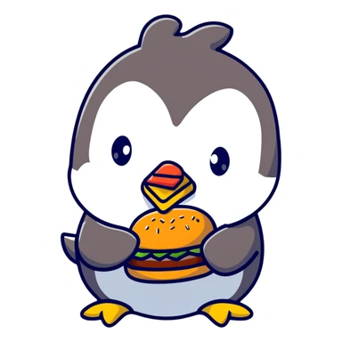penguin eating a large hamburger sticker
