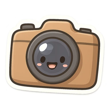 chibi sticker-style camera with a smiling face, cute and exaggerated sticker