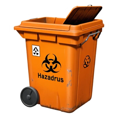 empty orange BIN WITH "HAZARDOUS WASTE" WORD IN IT. CORRECT SPELLING PLEASE sticker