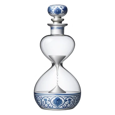 blue and white, intricate, porcelain, hourglass shaped tequila bottle with silver half circle top sticker