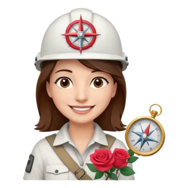 Arquitecta ojos marrones oscuros pestañas pelo marron por los hombros sonrie casco blanco compás y rosa sticker