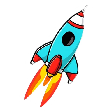 Space rocket, three-dimensional, in a cartoon style, on a white background, bright colors, with a perspective composition, high saturation, prominent details, floating effect, lively atmosphere sticker