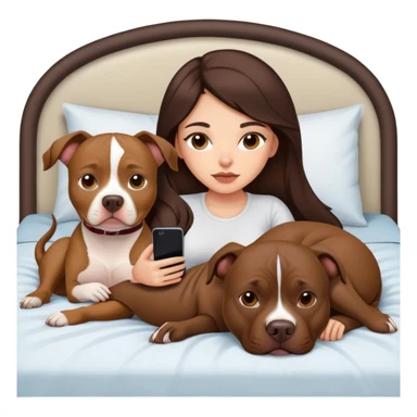 Girl long dark brown hair lays on her bed with her cell phone and her brown pit bull lays guarding her sticker
