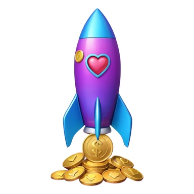3D rocket with coins and hearts, purple blue gradient, glossy, transparent background sticker