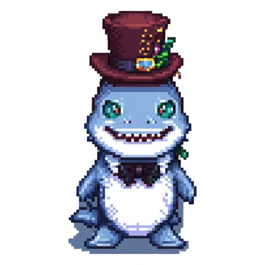 pixel art shark with a fancy tophat, simple palette sticker