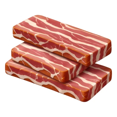 raw bacon lardons, small pile, thick short strips, rectangular chunks, pinkish-red meat, white fat, clean moist surface, natural marbling, irregular cuts, no pan, no herbs, no background, no faces, clean 3D, soft shadows, transparent background, emoji scale sticker
