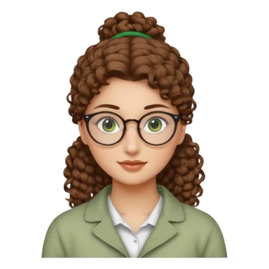 iranian woman, tight curly light brown hair in one high pony tail, glasses, green eyes, pretty, oval shape face, no hajib sticker