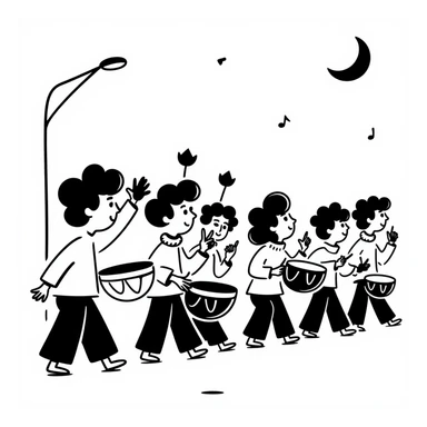 group waking up the neighborhood for sahur with drums, crescent moon in background sticker