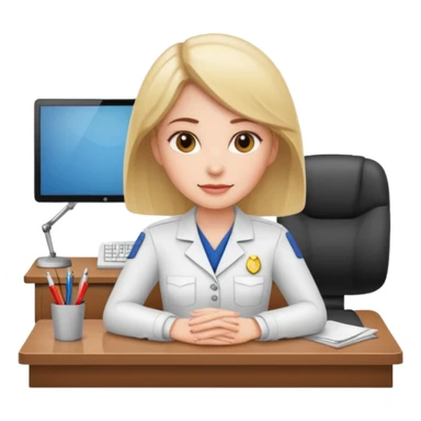 one white woman employee sitting in front of the desk sticker