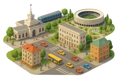 Изометричная миниатюрная фотореалистичная 3D модель панорамы Краснодара - вокзал Краснодар, КубГМУ, парк Краснодар со стадионом, краснодарские дома, автотранспорт четкие линии, яркие цвета, мультяшный реализм, люди, автотранспорт, компактная композиция, вид сверху в изометрии, прозрачный фон sticker