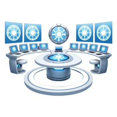 A futuristic workspace powered by an arc reactor, glowing blue and white, with holographic screens displaying creative content. Dynamic, high-tech, and inspired by Iron Man. sticker
