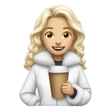 blonde girl wearing white fluffy jacket and a coffee to go in hand all dress white sticker