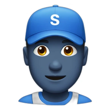 A Men with a blue cap and with the white letters S and K in his blue tshirt sticker
