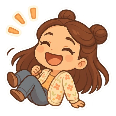 Create a chibi sticker of the girl from the reference image rolling on the floor laughing. She has brown straight hair styled in double buns, brown eyes, wearing a pastel floral cardigan and jeans. The sticker should have a white outline and a transparent background, sized 512x512px. sticker