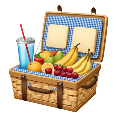 blue plaid lining basket with both food, drink and fruits sticker
