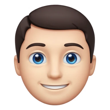 Cute 3D emoji of a smiling man with short dark hair and blue eyes, round face, simplified features, oversized glossy eyes, soft gradient shading, pastel tones, clean vector style, smooth edges, minimal background, transparent PNG, sticker icon sticker