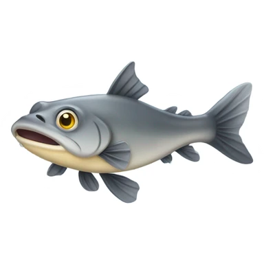catfish emoji with a smooth, rounded body, long whiskers, and expressive eyes. The fish is slightly curved, giving it a dynamic and playful look. Its fins are well-defined, and its color is a mix of gray and yellowish highlights, adding depth sticker