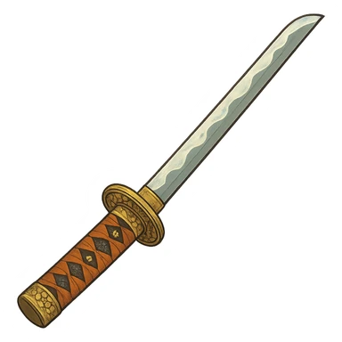 stylized Japanese katana with ornate handle and blade sticker