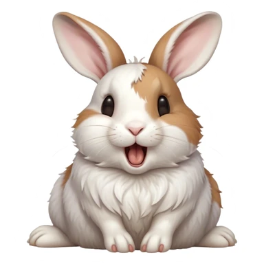 Cinematic Cute Yawning White and Brown Rabbit Portrait Emoji, Head tilted slightly with a dramatic, wide-open yawn, showcasing a soft, patterned fur with crisp white and warm brown patches, floppy ears slightly drooping, round eyes barely open in drowsy contentment, Simplified yet irresistibly adorable features, highly detailed, glowing with a soft, cozy glow, high shine, relaxed yet expressive, stylized with a touch of whimsy, bright and endearing, soft glowing outline, capturing the essence of a sleepy yet affectionate bunny, so drowsy it feels like it could stretch out of the screen and curl up for a nap! sticker