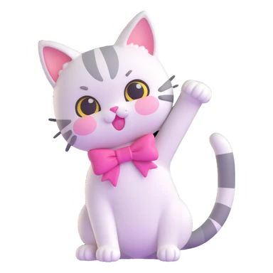 A cute cat with a pink bow, kawaii style, iOS emoji-like, playful pose sticker