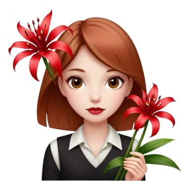 Create emoji a girl with light brown hair pale skin black eyes having poker face holding a red spider lily flowef sticker