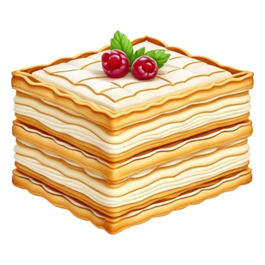 mille-feuille-cinematic-realistic-mille-feuille-dessert-emoji,-depicted-as-a-rectangular delicate-pastry-composed-of-two-crisp-layers-of-puff-pastry-with-a-rich-cream-filling,-rendered-with-intricate-textures-and-elegant,-soft-lighting. Please only show two layers only. sticker