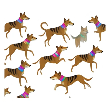  brindle brown black maroon striped lurcher Alsatian fox running blue eyes and iridescent holographic oilslick harness wearing paper iridescent tropical flower crown yellow caution tape sticker