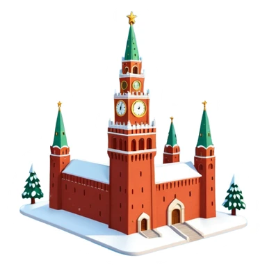 Apple iOS style emoji of the Moscow Kremlin Spasskaya Tower, winter
New Year edition. Red brick texture, snowy roof, golden clock face. Small festive garland with glowing lights wrapped around the tower. Bright red glowing star on top. 3D isometric  sticker