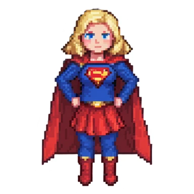 Supergirl superhero full body, blue suit with red skirt, red cape, blonde hair, and S emblem on chest sticker