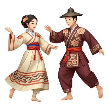 Cinematic Realistic scene of two performers engaging in Ganggangsullae, dressed in traditional Korean costumes with intricate patterns and graceful movements, illuminated by soft, festive lighting that accentuates the cultural ambiance sticker