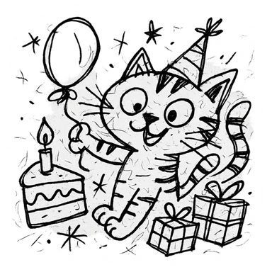 chaotic outlined icon of a playful kitten with stripes, birthday hat, holding a balloon, cake and presents scattered around sticker