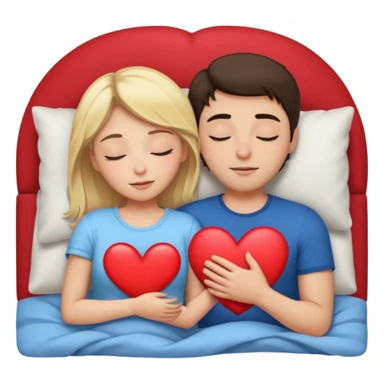 cuddling in bed, asleep. blonde girl. brunette man. eyes closed. heart between them. sticker