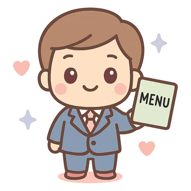 Make the restaurant owner wear a suit, keep the kawaii chibi anime style with flat pastel colors, thick outlines, and simple cute features, transparent background. sticker