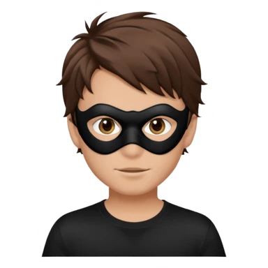 messy hair boy in a sleek black mask, playful eyes showing sticker