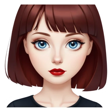 Artistic woman with pale skin, oval face, large blue eyes with eyeliner, thin eyebrows, small nose, red lipstick, dark auburn hair with bangs and slight waves, wearing a stylish black top, creative expression sticker