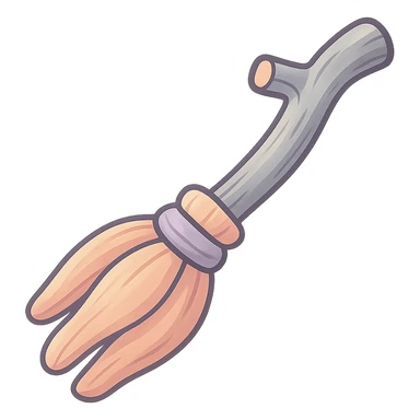 Edit the image of a witch's broom with a curved handle and three large twigs, volumetric with detailed shadows and highlights. The texture of the handle and twigs should be well defined. Use thin clean contours and soft rounded shapes in a pastel palette #98B5BC, #B5B3C1, #C9A3C9, #E4C0CA, #F7DCD1, #F7C0AA. The style should reflect modern Japanese pop art and sticker aesthetics with soft lighting and a transparent background. sticker