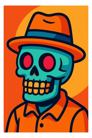 skull face wearing a hat, vibrant cartoon style sticker
