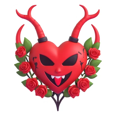 3D emoji devil heart, amethyst glass, small devil horns, forked tail, black roses at the base, crescent moon in background, stardust, stormy rain, fractured glass, blood splatter effect sticker