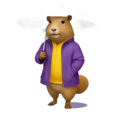 Capybara wearing yellow rain jacket holding a purple umbrella sticker