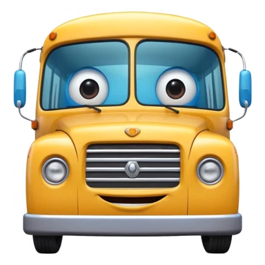 Front view of a bus with a cheerful smiling face, expressive eyes integrated into the windshield, glossy 3D animation style, Pixar-inspired, vibrant colors, soft shadows, cinematic lighting, ultra detailed, 4k render sticker