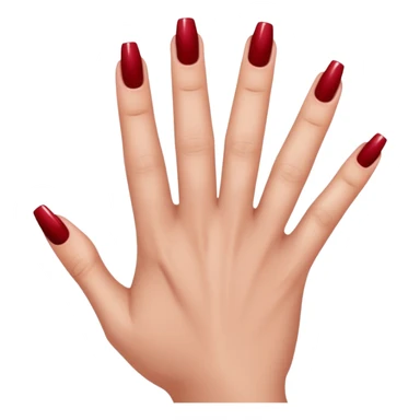 close-up of a left hand of a woman showing 3-4 fingernails out of five, painted in dark red nail polish, glossy finish, deep saturated red, smooth gradient, minimal details, clean and shiny
 sticker