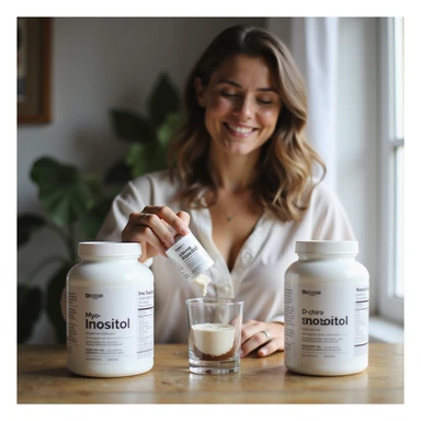 realistic smiling woman in a home environment, customizing the use of Myo-Inositol and D-chiro-Inositol: two distinct packages with visible labels, dosing or mixing powders in a glass, positive atmosphere, natural light sticker