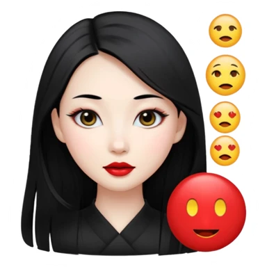 elegant young Chinese woman, long black hair, pale skin, oval face, big black eyes, red lips, emoji style sticker