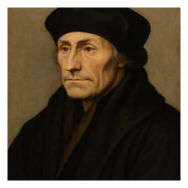classic portrait of Erasmo de Rotterdam, serious face, wearing a dark cap and dark robe, neutral background sticker