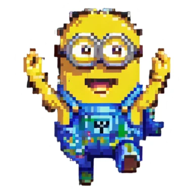 happy Minion pixel art character, jumping with joy, both arms up sticker