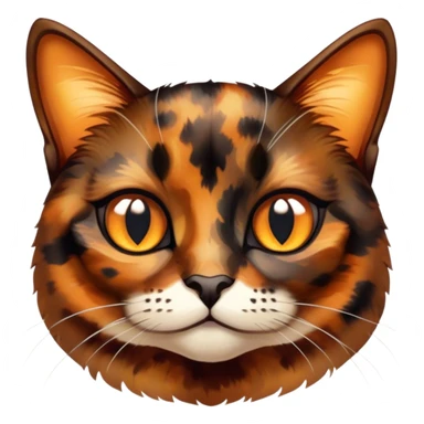 Cinematic Cute Tortoiseshell Cat Portrait Emoji, Head cocked sweetly with bright, curious eyes and a cuddly, mottled fur of rich browns and blacks, simplified yet charmingly adorable, highly detailed, glowing with a warm, gentle radiance, high shine, playful and endearing, styled with a dash of whimsical feline magic, soft glowing outline, capturing the essence of a cute tortoiseshell cat that seems ready to pounce with affectionate mischief! sticker
