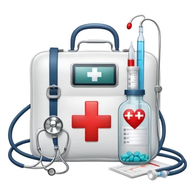 An icon featuring a medical bag with a red cross, a stethoscope, and a syringe, symbolizing medicine. The design includes pills, a heart monitor, and a clipboard with patient notes, representing healthcare, diagnostics, and treatment. Transparent background highlights the science of medicine. sticker
